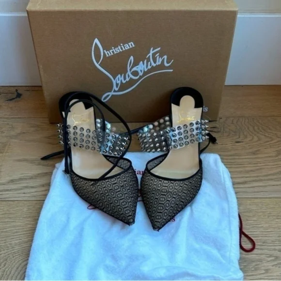 CL🖤Black Lace, Leather and Spiked PVC Levita Rete Pumps - Picture 7 of 8